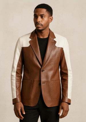 Two-Tone Luxe Leather Blazer – Chestnut & Ivory